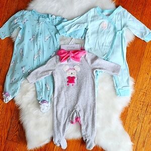 Baby Girl One Piece Footies Pj Bundle, 3M